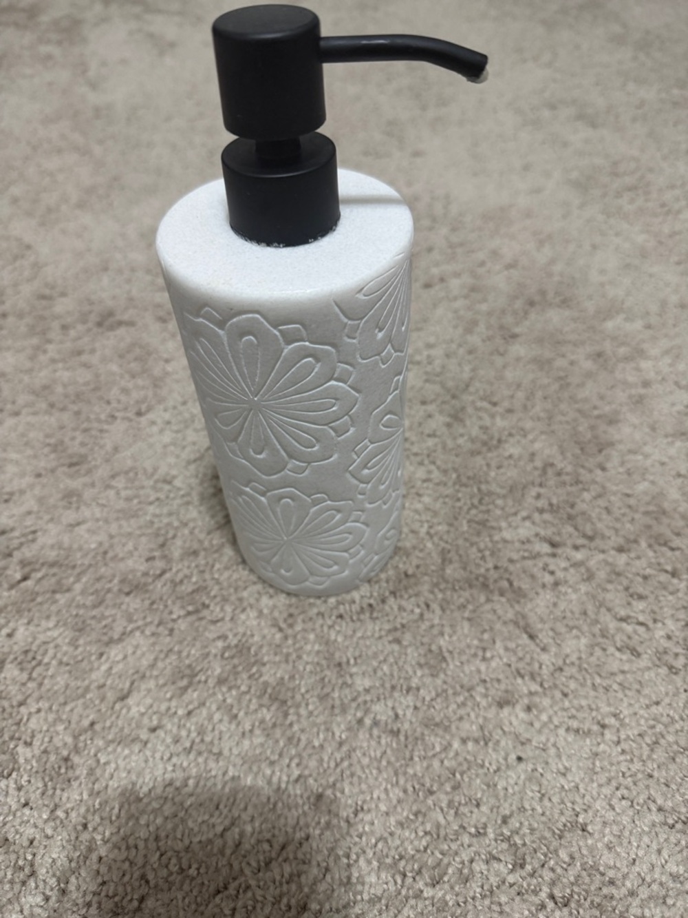 White Floral Embossed Ceramic Soap Dispenser with Black Pump